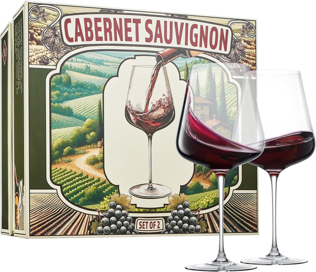 Khen Cabernet Sauvignon Explained Crystal Wine Glasses Hand Blown Italian Style | Set of 2 | Large 25oz Cabernets Definition Red Wine, Gift Box Explanation Packaging