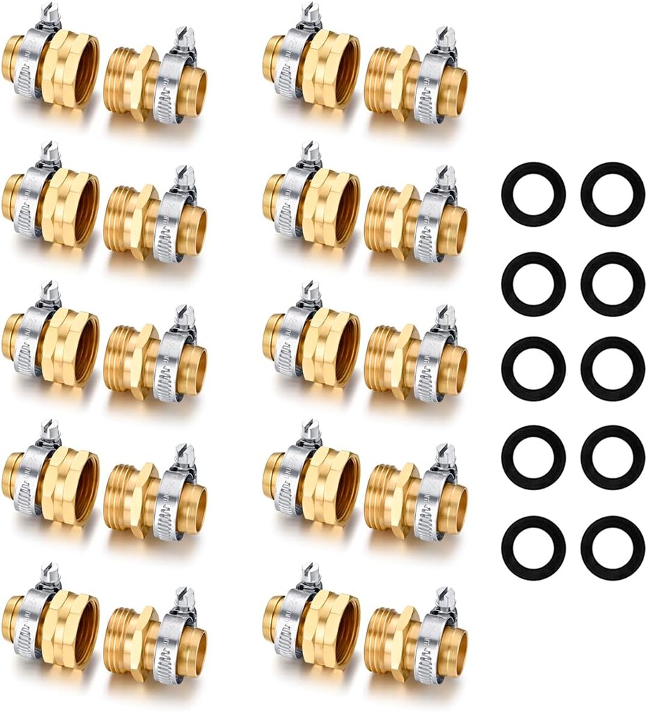 Garden Hose Repair Connector with Clamps Hose End Repair Kit,3/4" Barb Garden Hose Fittings Male and Female brass garden hose ends (3/4"Barb-10 Set)