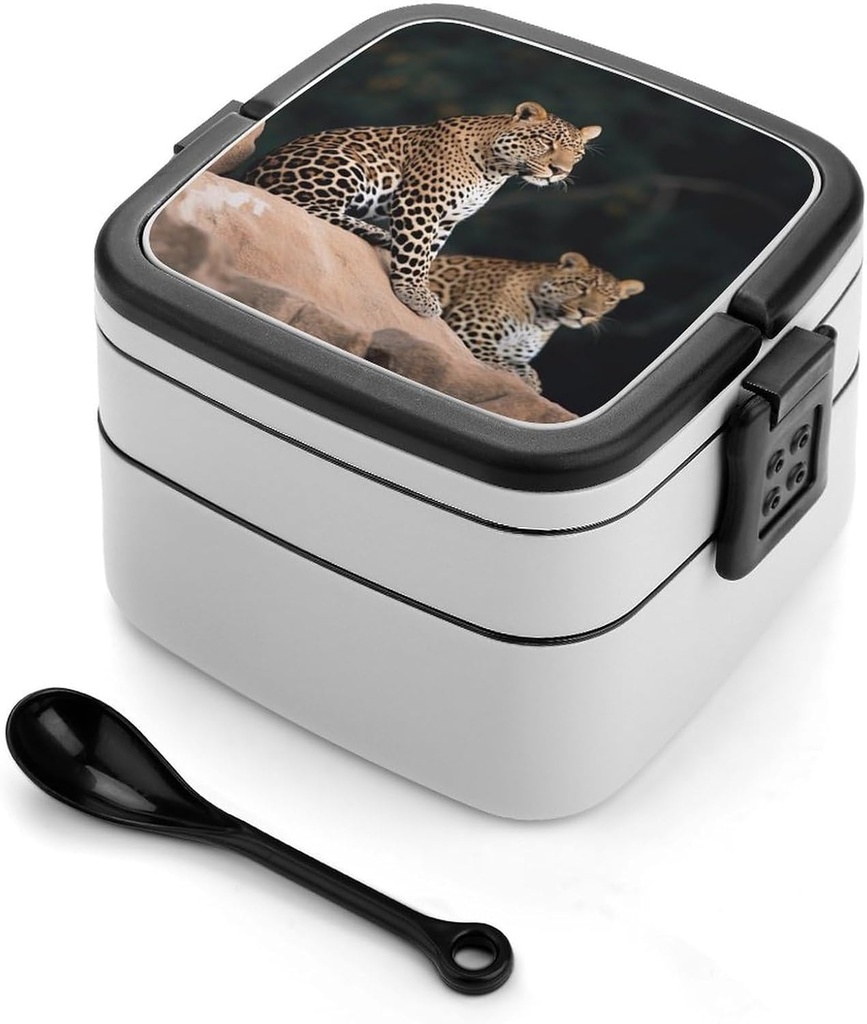 Stackable Double-Layer Bento Box African Leopard on Rock Adults Lunchbox with Spoon Cute Japanese Bento Box Dishwasher Safe for Work Travel Dining Outc