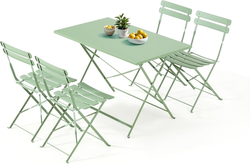 MELLCOM 5-Piece Foldable Patio Dining Set with Rectangular Table and Chairs, Weather-Resistant Iron Outdoor Dining Set for 4 People, Outdoor Table and Chairs for Patio, Yard, Indoor, Green