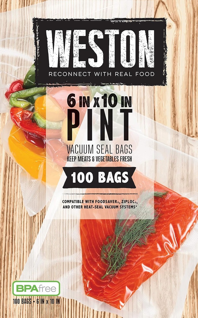 Weston Vacuum Sealer Bags for Food, 2 Ply 3mm Thick, for NutriFresh, FoodSaver & Other Heat-Seal Systems, for Meal Prep and Sous Vide, BPA Free, 6" x 10" (Pint), 100 count, Clear
