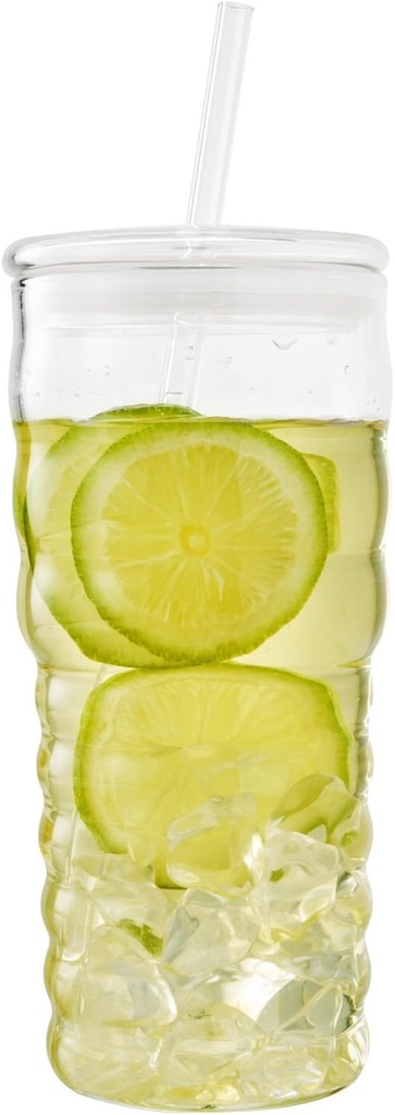 24oz Large Glass Tumbler with Straw & Lid - Wide Mouth Iced Coffee Cup, Reusable Heat & Cold Resistant Drinkware for Juice, Tea, Smoothies (Clear)