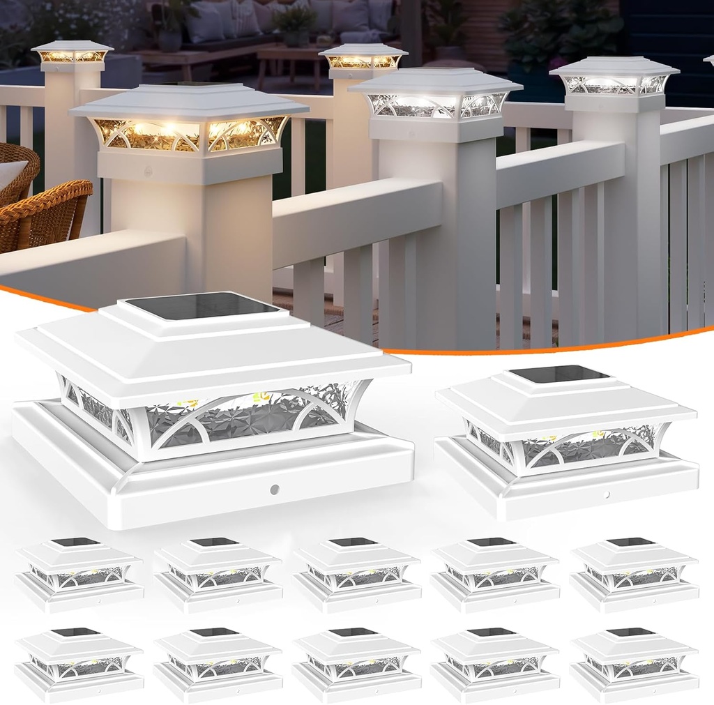 APONUO Solar Post Cap Lights 12 Pack - 4x4 5x5 6x6 Fence Post Lights, Auto On/Off, Waterproof IP64, 2-Mode (Warm/Cool White), Deck Patio Yard Solar Light for Wood & Vinyl Posts, White