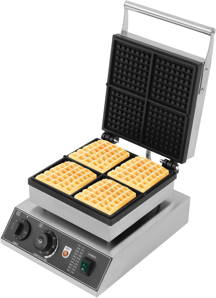 Commercial Belgian Waffle Maker, 1750W 4 Grids Double Heating Square Belgian Waffle Iron Non-stick Stainless Steel Electric Waffle Baker Maker 122~572℉ for Restaurant, Snack Bar, Bakery