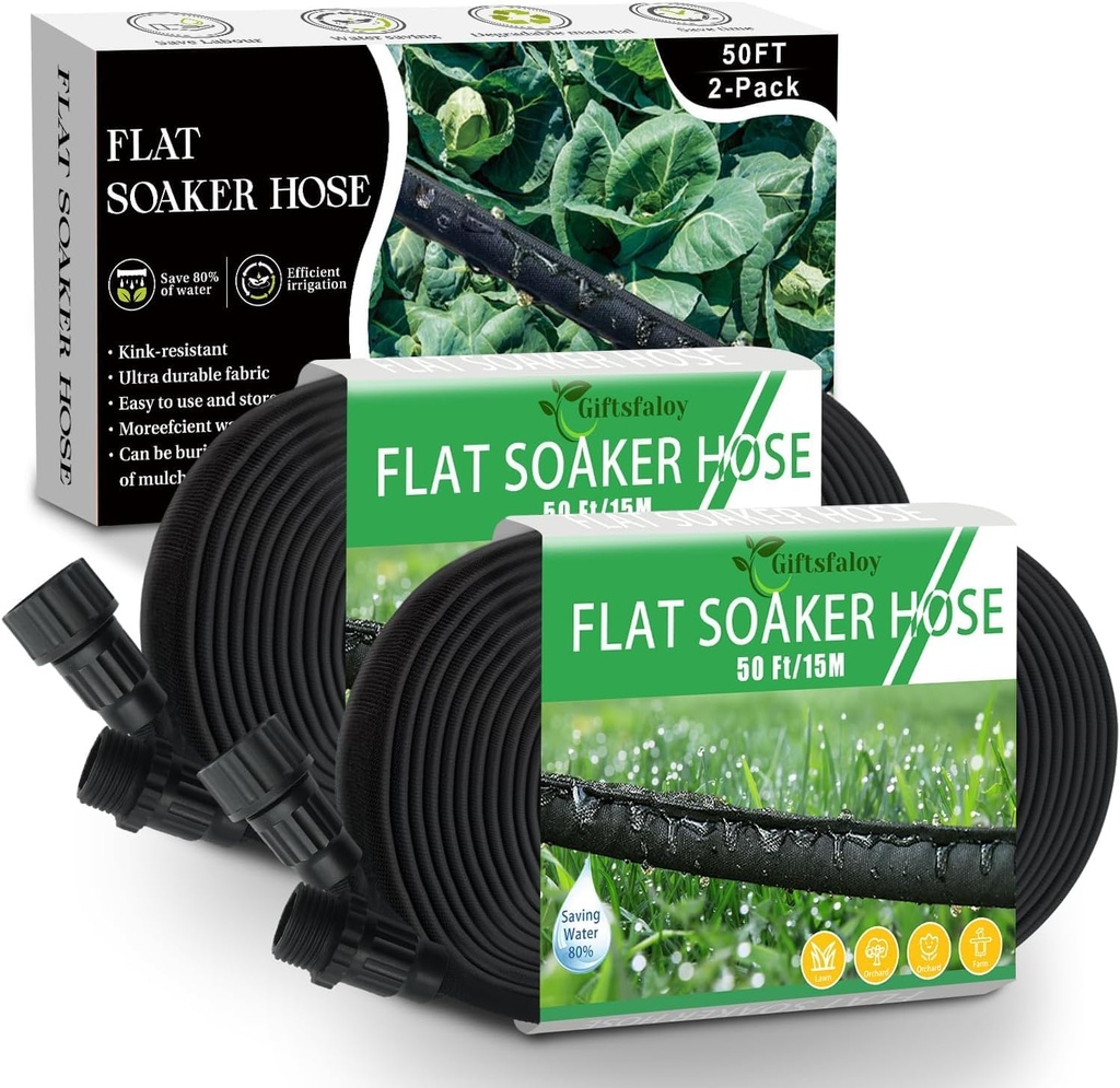 Flat Soaker Hose 100ft, Garden Hose with Heavy Duty Double Layer Design, Drip Irrigation Hose Saves 80% Water, Leak Proof Sprinkler Hose for Garden, Lawn, Vegetable plot (50ft x 2)