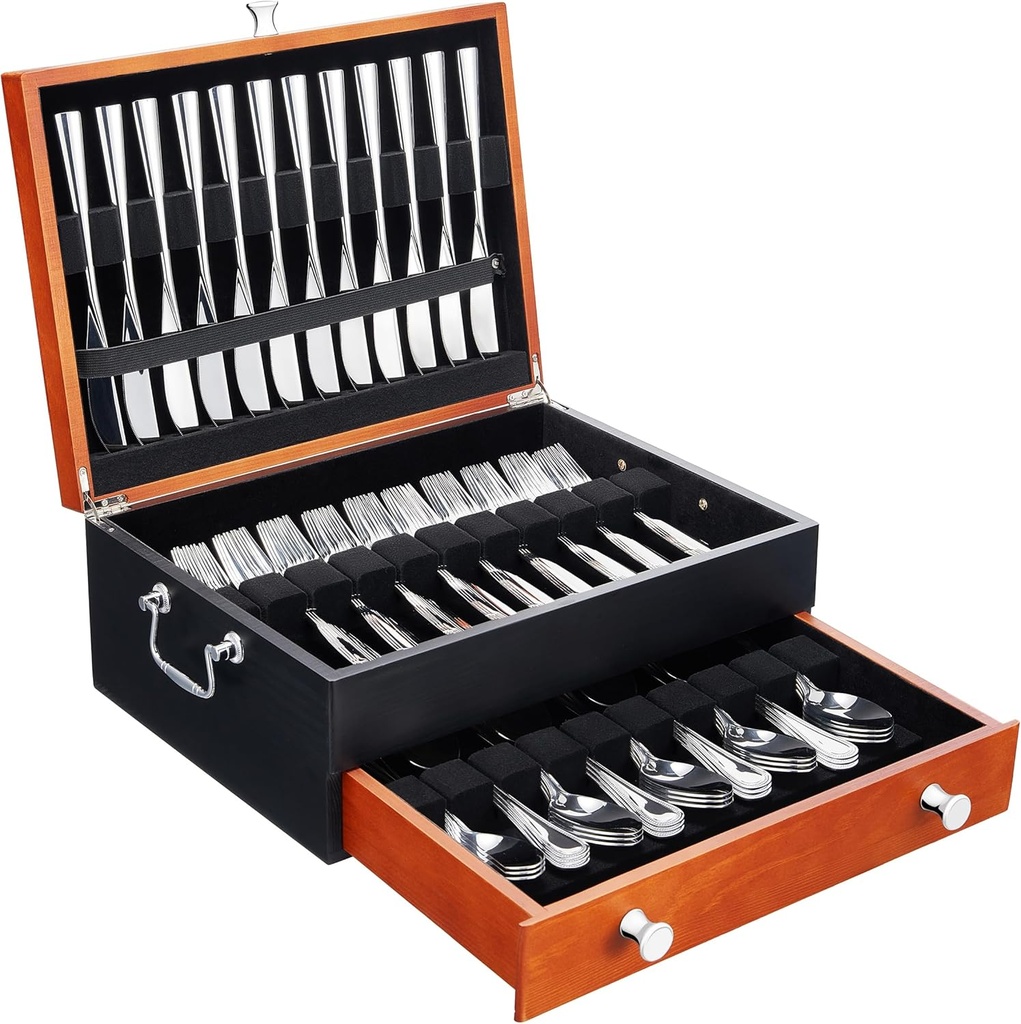 Silverware Storage Box, Wood Chest - without Cutlery - Tarnish Proof Felt Lined Storage Silver Chest, Store Sterling Silverware SilverTarnish Proof Flatware Hardware for 12 or 16 or more Utensil sets
