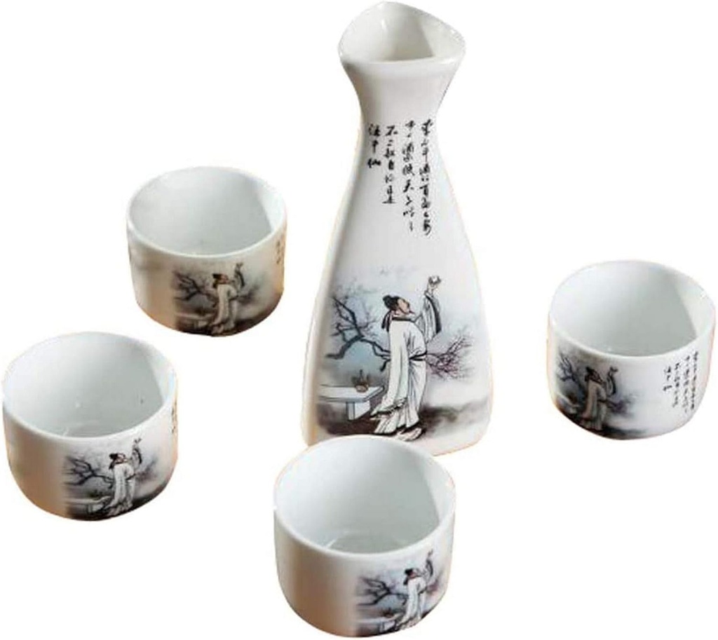 Tableware Set of 5 Household Use Sake Cups Retro Ceramic Wine Sets Wine Jug-Poet