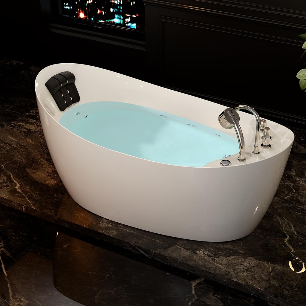 Empava 67" x 31" Freestanding Whirlpool Tub with Left/Right Drain,560W Stand Alone Bathtub with 7 Hydromassage Jets, Elegant Boat-Shaped,Acrylic,ETL Certified