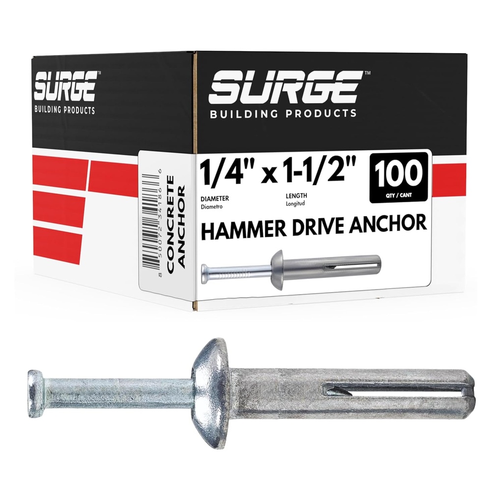 Surge BP - 1/4" x 1-1/2" MH Hammer Drive Nail in Concrete Anchor with Carbon Steel Nail | Fasteners for Concrete, Block, and Brick (100/BOX)