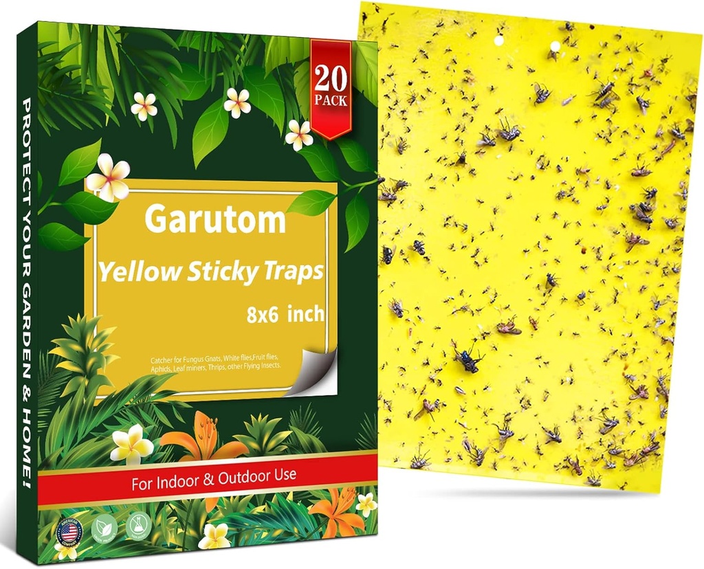 20-Pack Dual-Sided Yellow Sticky Traps for Flying Plant Insect Such as Fungus Gnats, Whiteflies, Aphids, Leafminers, etc (6x8 Inches, Included 20pcs Twist Ties)