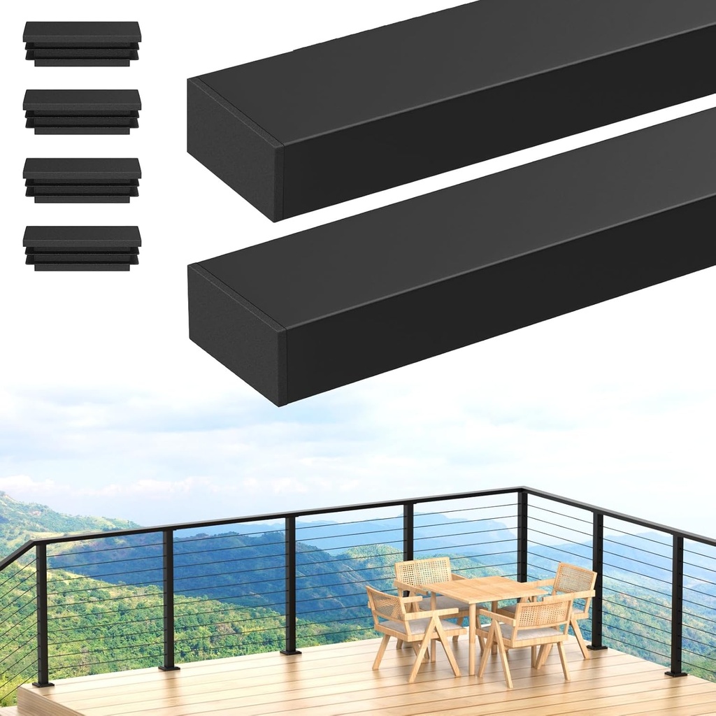 4FT Stainless Steel Rectangular Handrail 2 Pack, Cuttable Cable Railing Handrails System, Black Flat Top Rail with Nylon End Caps for Indoor Outdoor Deck Stair, MY01