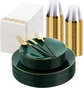 175 Pieces Green Gold Plastic Dinnerware Set, Gold Disposable Plates for Party, Include 50 Green Plates with 75 Plastic Cutlery, 25 Napkins and 25 Cups