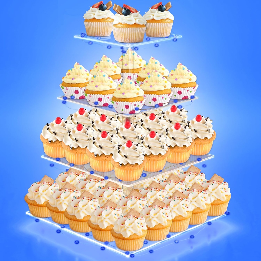 Cupcake Stand, 4 Tier Cupcake Holder, Light Up Cupcake Stand for 50 Cupcakes, Square Cupcake Tower, Dessert Table Display Set for Weddings, Christmas, Birthday Parties (Blue Light)