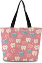 Cartoon Tooth Tote Bag Reusable Grocery Bags Cute Aesthetic Shopping Shoulder Handbag with Interior Zipper Pocket Stylish Pink Smiling Teeth Present for Dentists Dental Nurse Women