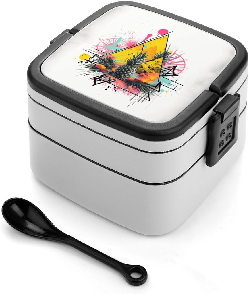 Pineapple And Triangle Bento Box Adult Lunch Box All-in-One Lunch Containers with Removable Compartments Double Layer Bento Lunch Box with Spoon And Handle Stackable Lunchbox