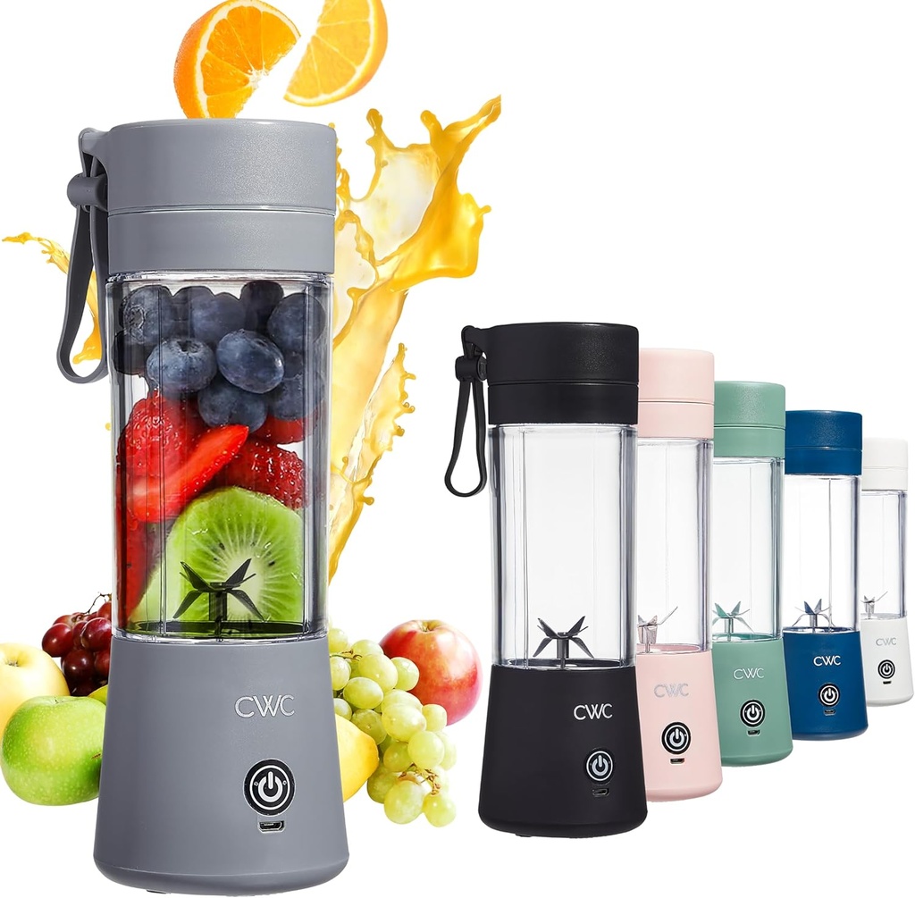 COOK WITH COLOR Mini Portable Blender - 250W Power, 12oz Capacity, Stainless Steel Blade, Wireless/USB Rechargeable, Grey