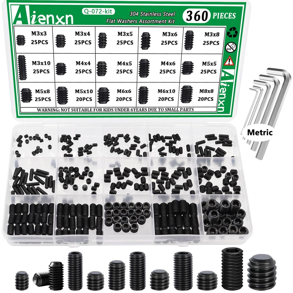 360PCS 15 Metric Sizes Set Screw Assortment Kit, Hex Socket Head Cup Point Set Screws 12.9 Class Alloy Steel Grub Screw, Internal Hex Drive Cup-Point Screw (M3-M8)