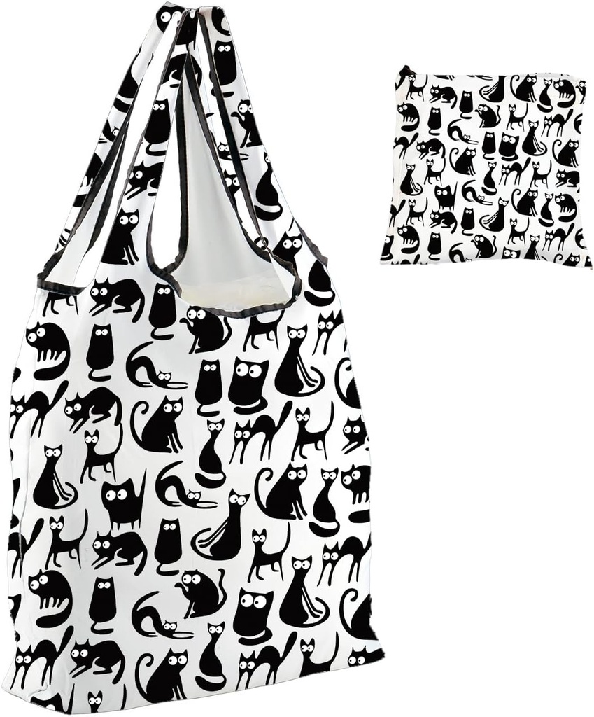 PWHAOO Cat Lover Gift Black Cats Design Folding Reusable Grocery Bag C-at Mom Mama Shopping Bag C-at Owner Gift