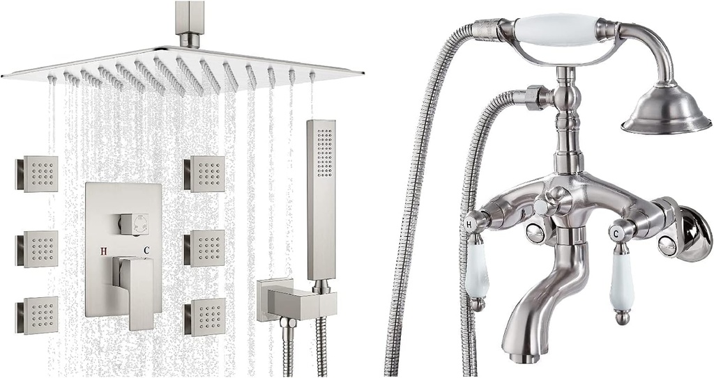 gotonovo Mixer Shower Faucet Set Brushed Nickel 12” Square Rainfall Shower Head 6 Body Spray Jets Clawfoot Tub Faucet Hand Held Shower Bathtub Faucet Set 2 Cross Handle with 3-3/8’’ Center