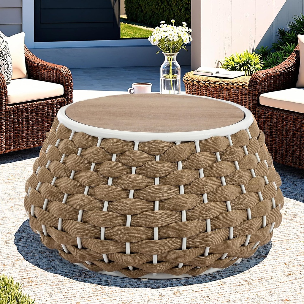 30.5 inch Outdoor Side Table, Large Patio End Table with Removable Lid Round Accent Side Tables with Metal Frame and Hollow Out Bottom for Patio, Balcony Porch, Poolside, Garden, Yard, Brown