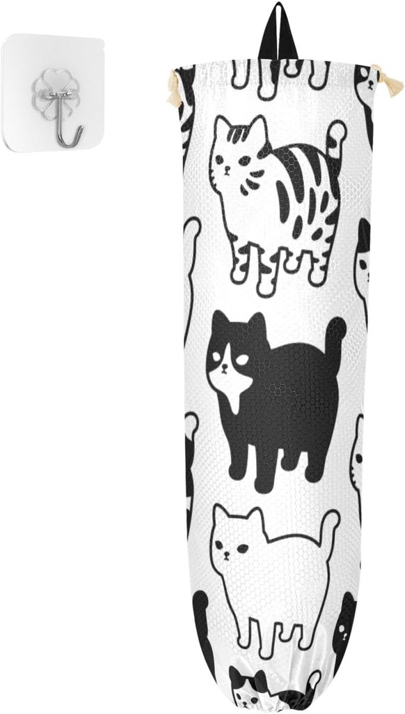 YETTASBIN Cute Cat Plastic Bag Holder, Reusable Grocery Bag Holder Versatile Wall Mount Storage Bag Dispenser with Drawstring for Home Kitchen Decor 1 Pack