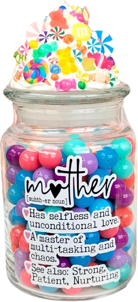 Mother Definition Candy Jar with Fake Frosting Lid and Candy Pieces. A fun candy centerpiece for a grandma, nana, or new mom gift