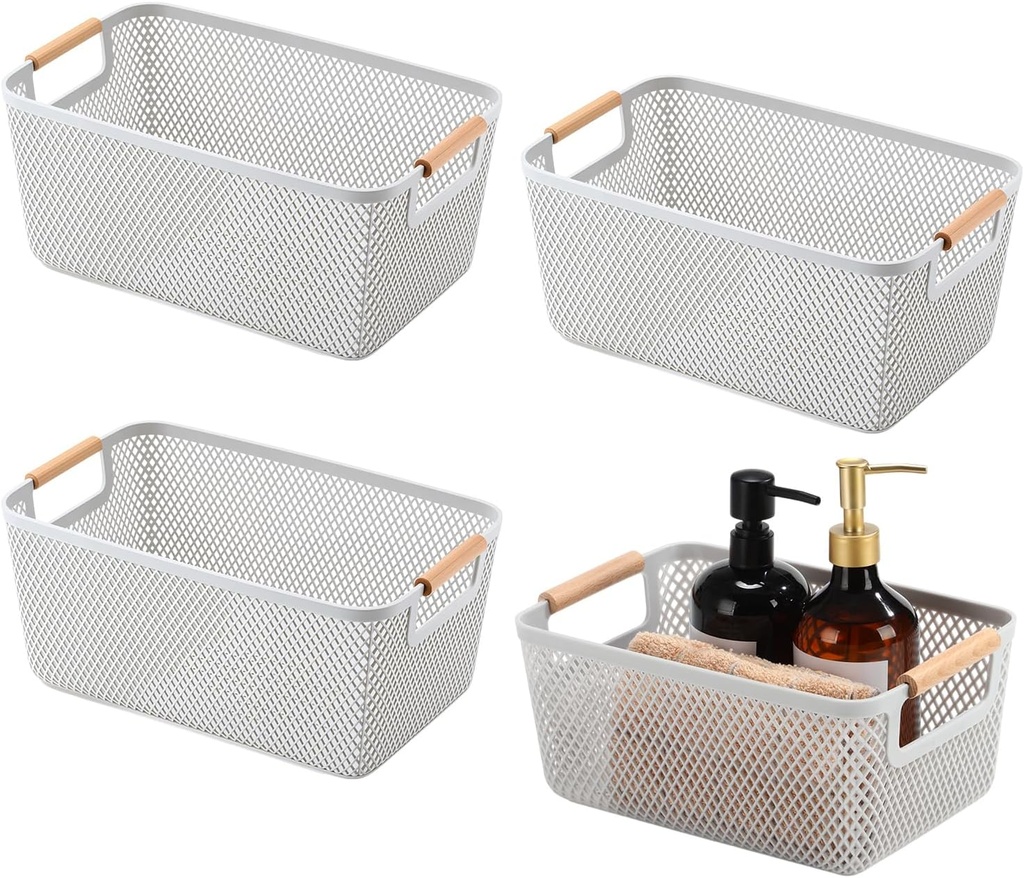 4 Pcs Plastic Mesh Baskets with Handles - Mesh Storage Organizer Bin Container Baskets for Home Organizing Pantry Closet Cabinet Kitchen Fridge Fruit Snacks Gifts, Grey(Small)