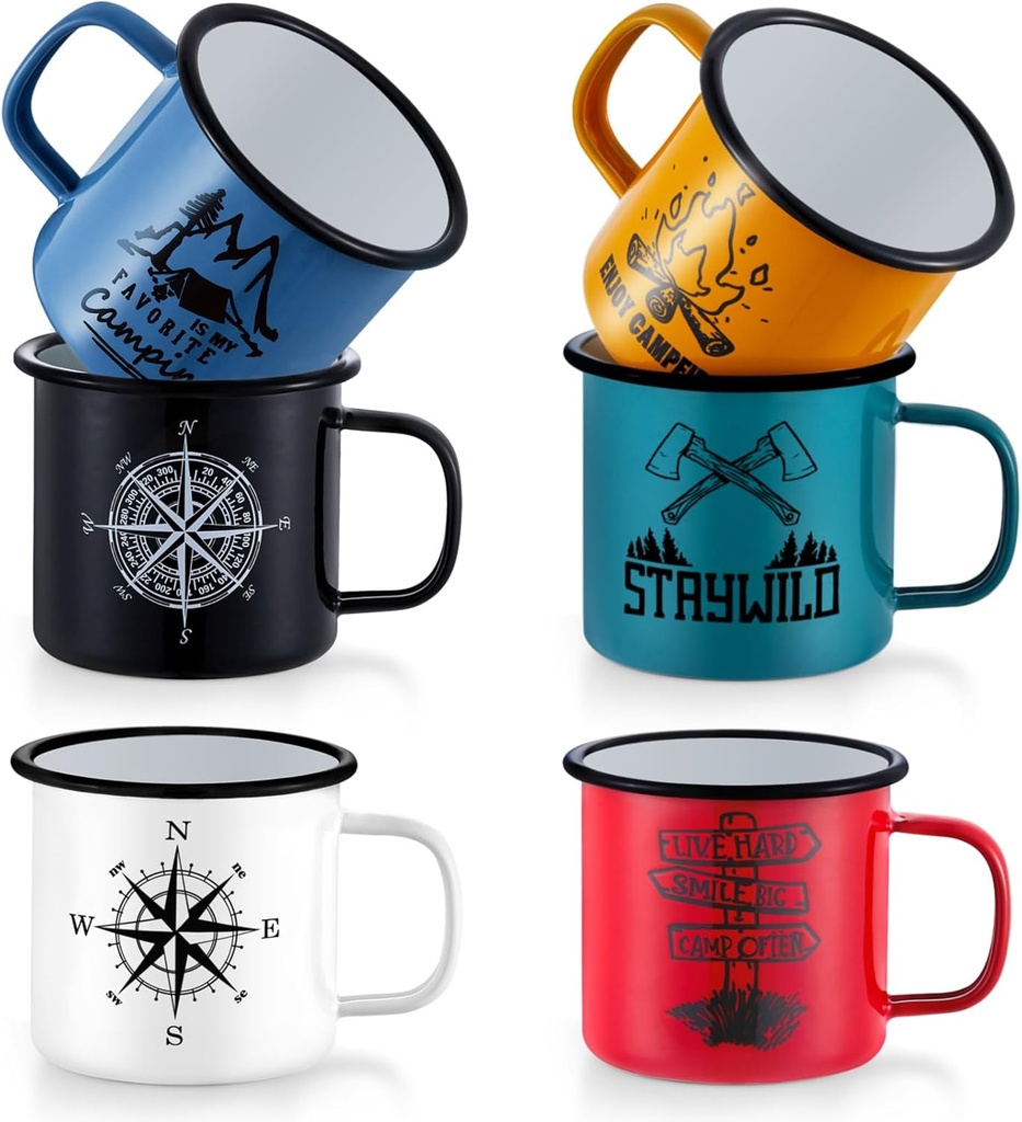 TeamFar Coffee Mug, 16 OZ Multi Colors Enamel Tea Mug Set of 6, Camp Drinking Cups with Patterns for Milk Tea, Non-Toxic & Portable, Lightweight & Sturdy, Wide Handle & Smooth Rim, Easy Clean