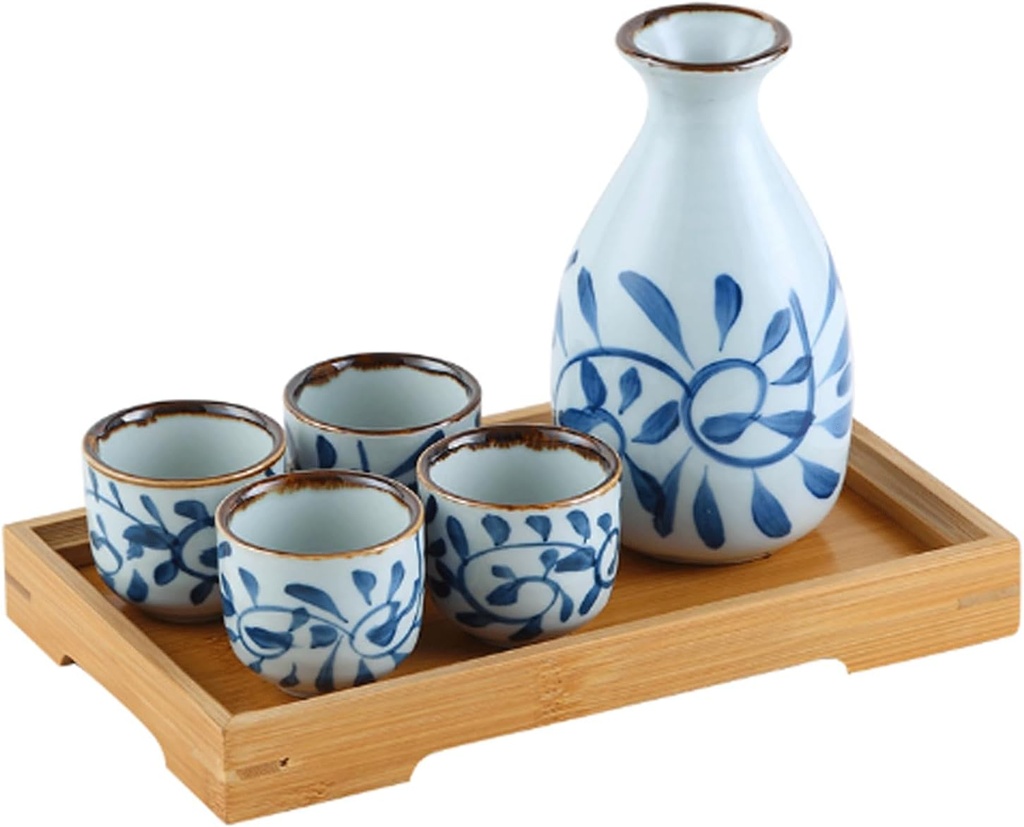 Ceramic Sake Pot Set Izakaya Wineware Spirits White Wine Glass Ceramic Sake Set Wineware with Bamboo Tray