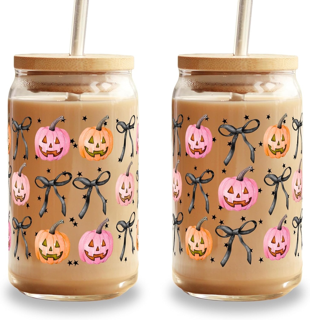 Sip-Sip Hooray! 16oz Halloween Glass Can Cup With Lid And Straw, Cute Spooky Season Iced Coffee Party Favor, Custom Beer Soda, Drinkware Aesthetic Tumbler Mug (Halloween Coquette Pumpkins)