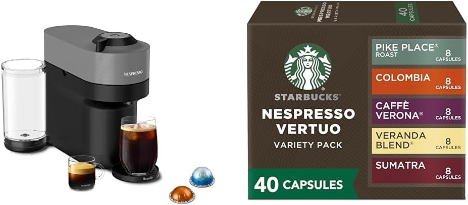 Nespresso Vertuo Pop+ Coffee and Espresso Maker by Breville, Dark grey + Starbucks Capsules, Vertuo Line