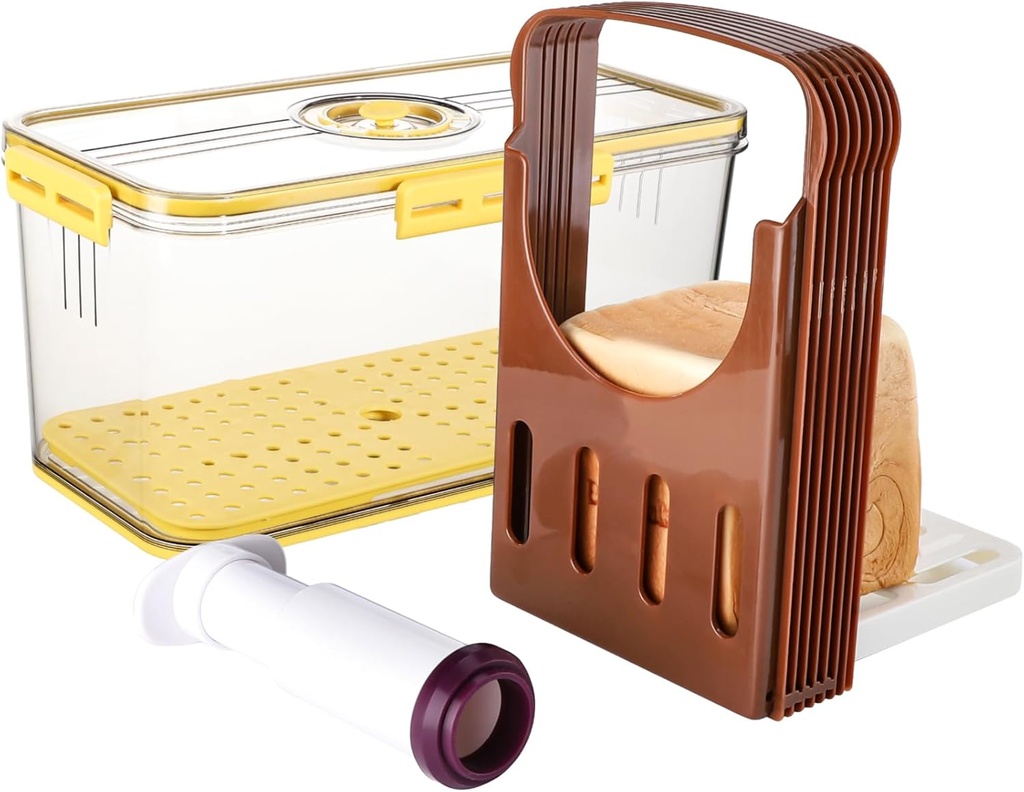 Bread Box for Kitchen Countertop with Bread Slicer, Time Recording Bread Storage Container with Lid Airtight, Bread Box Container with Vacuum Pump, Bread Bin for Homemade Bread, Bagel, Toast (YELLOW)
