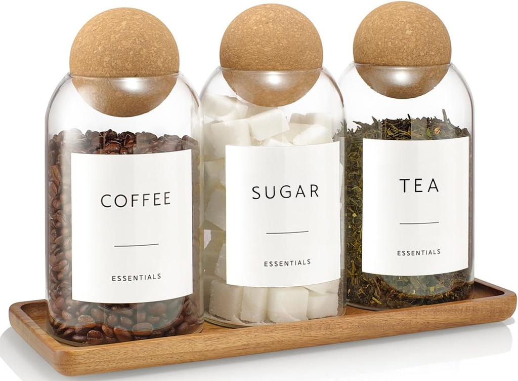 Coffee Sugar Tea Container Set, 3 Pack Glass Jars with Cork Lids, Apothecary Jars with Tray for Bathroom, Decorative Qtip and Cotton Ball Holder, Cute Display Jars for Coffee Bar (27oz)