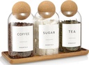 Coffee Sugar Tea Container Set, 3 Pack Glass Jars with Cork Lids, Apothecary Jars with Tray for Bathroom, Decorative Qtip and Cotton Ball Holder, Cute Display Jars for Coffee Bar (27oz)