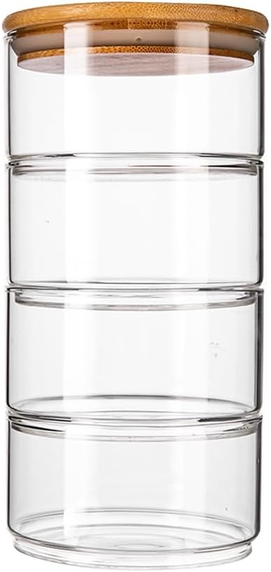 Ciieeo Multi-Layer Glass Storage Tank 4Pcs Stackable Food Containers with Lid 8.66X4.33 Inch Kitchen Pantry Canister Set for Fruit Salad and Fresh Food Organization
