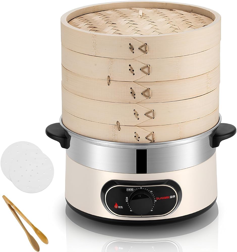 Electric Food Steamer for Cooking Vegetable Steamer with 2-Tier Bamboo Steamer with 60 Min Timer Auto Shut-Off & Boil Dry Protection 1500W