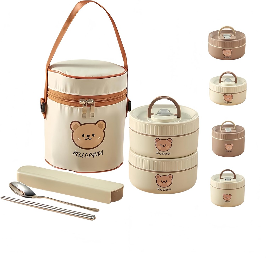 2/3/4 Pack Combined Bear Bento: Microwave - Safe, SUS 316 Inner, Leak - proof, Stackable, with Insulated Bag - Great for Work, Home & Picnics (White, 26oz)