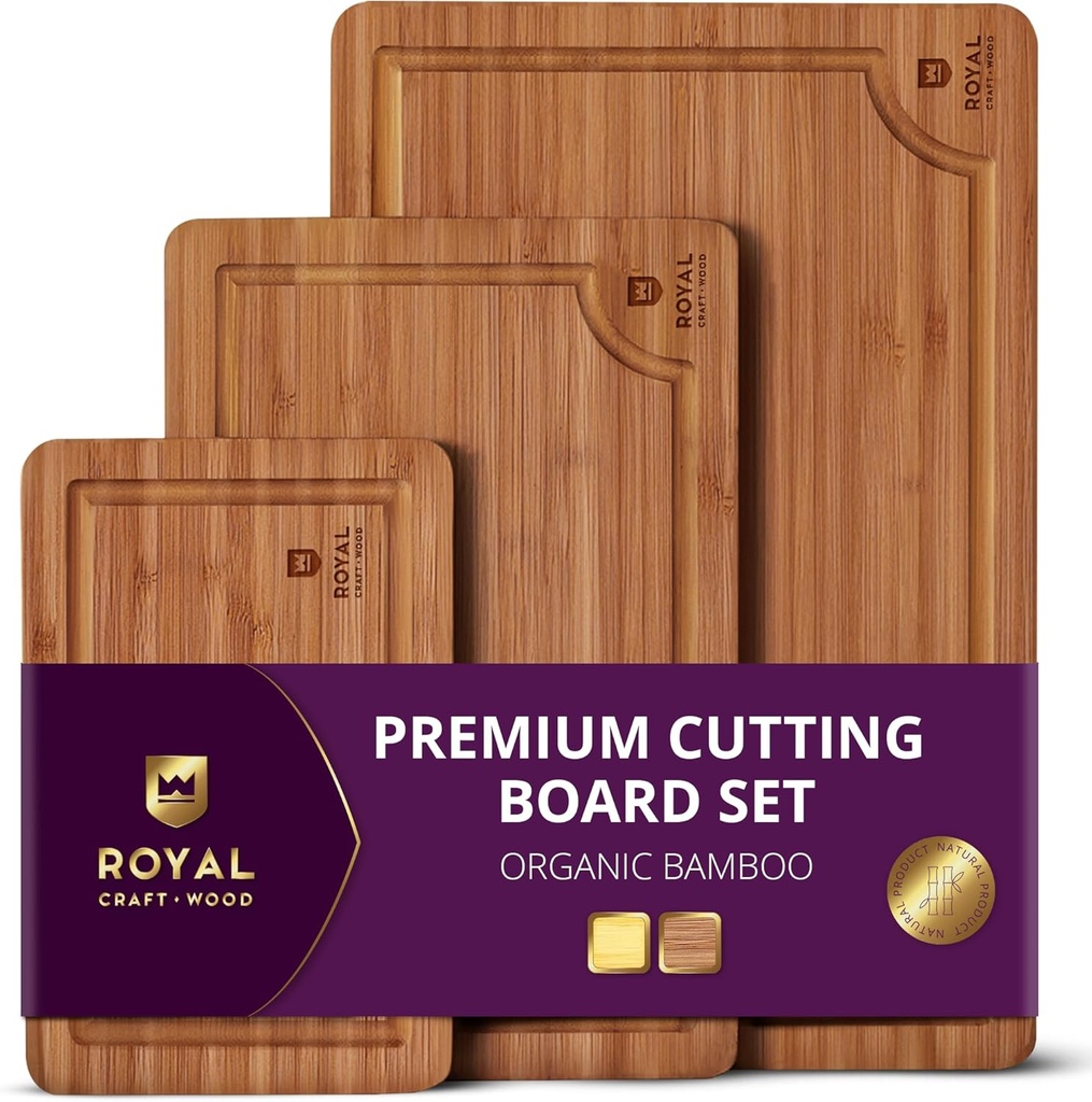 ROYAL CRAFT WOOD Wooden Cutting Boards for Kitchen Meal Prep & Serving - Bamboo Wood Serving Board Set with Deep Juice Groove Side Handles - Charcuterie & Chopping Butcher Block for Meat (3 Pcs)