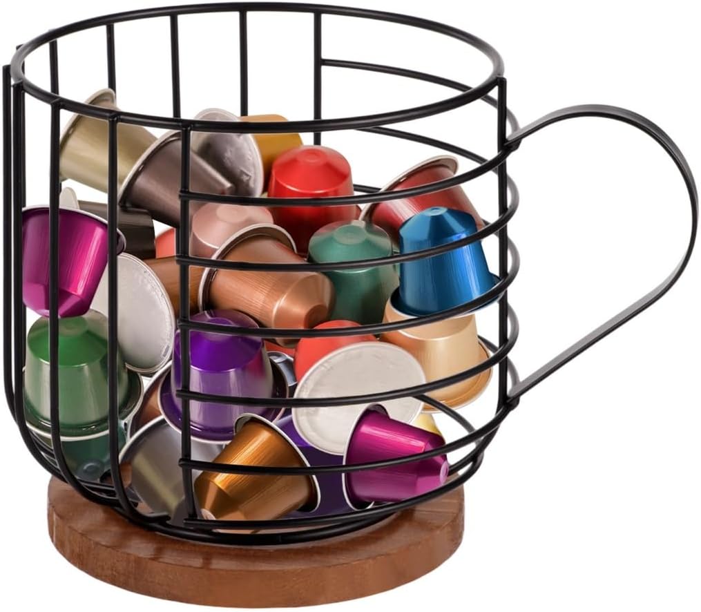 Large Capacity Coffee Pod Holder with Wooden Base, Organizer with Handle for Kitchen Countertop, Coffee, and Cafes