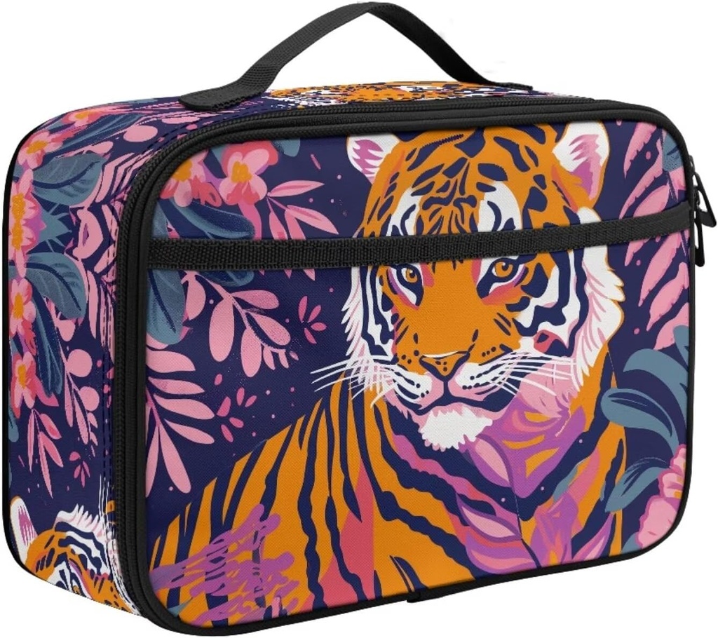 Pink Floral Tiger Lunch Box for Girls Rectangle Washable Soft Durable Print Lunchbox Kids Picnic School Insulated Lunch Bags Zippered Cooler Thermal Tote