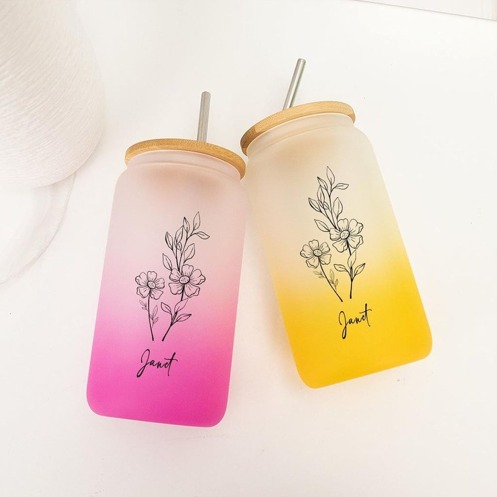 16 Oz Iced Coffee Cup Custom Birth Flower Drinking Cup W/Lids Straws - Reusable Tea Cups Can Glass Cup Bamboo Covered - Holiday Gifts for Wife