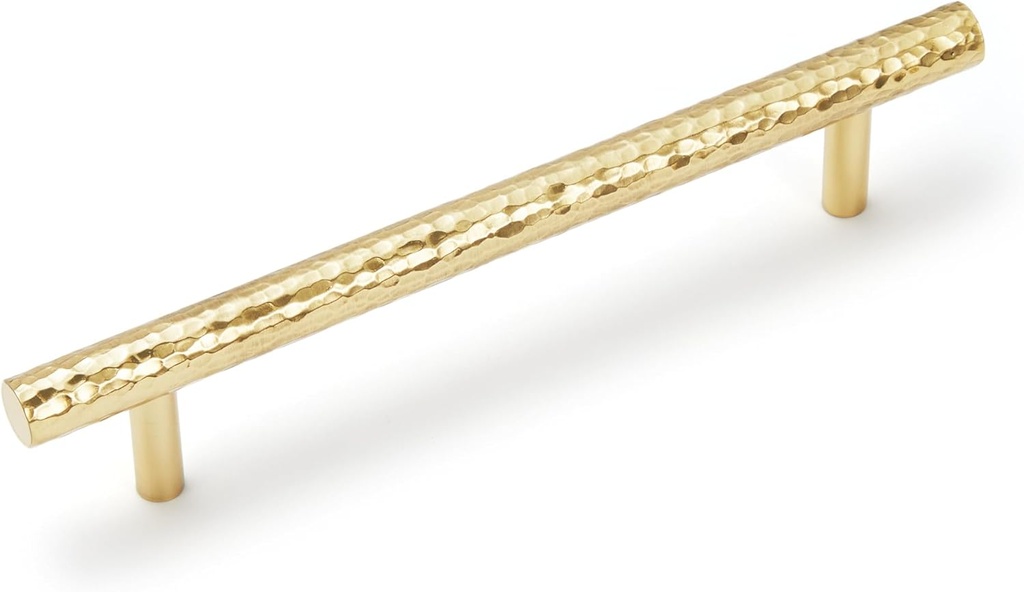 6-Pack Solid Brass Kitchen Cabinet Pulls, Gold Modern T-Bar Handles, 5-Inch Hole Center Hammered Handles for Dresser Drawer Cupboard, 6-7/8 Inch Total Length, Polished Finish