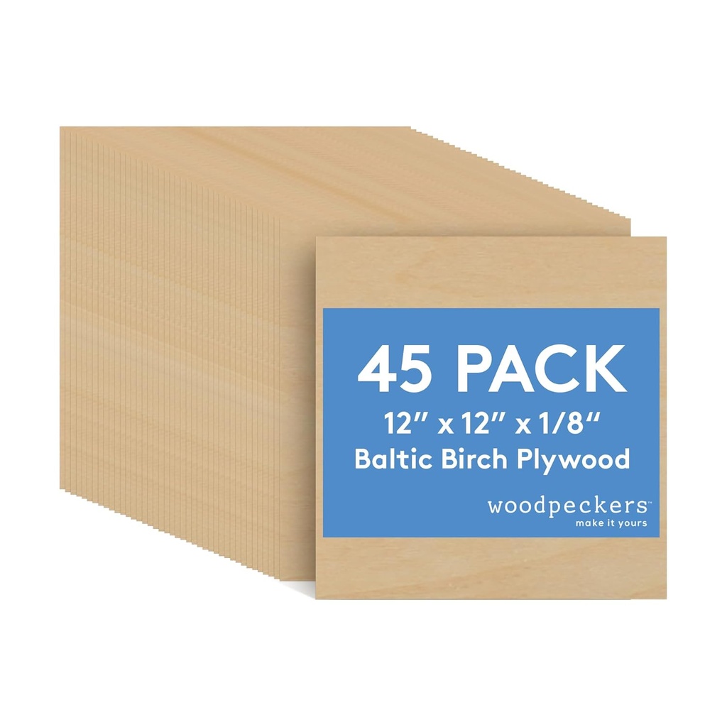 3 mm Baltic Birch Plywood 1/8 x 12 x 12 Inch, Box of 45 B/BB Grade Craft Wood, Stronger Than Basswood Sheets, for Laser, CNC Cutting and Wood Burning, by Woodpeckers