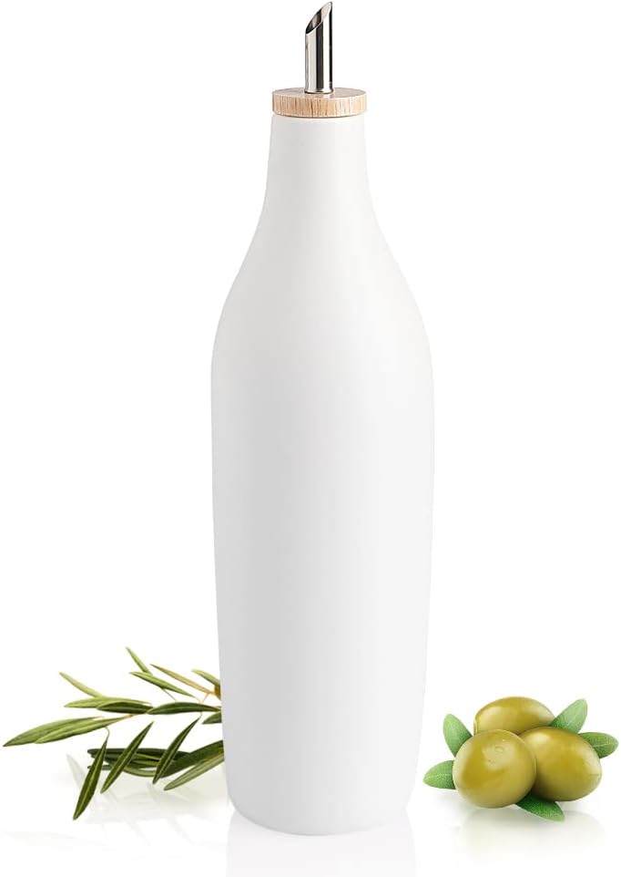 Sweejar Matte Ceramic Olive Oil Dispenser Bottle with Spout, 17 Oz Oil Dispenser for Kitchen Counter, Opaque Oil Cruet for EVOO and Vinegar, Avocado Oil Container for Cooking, Pack of 1 (White)