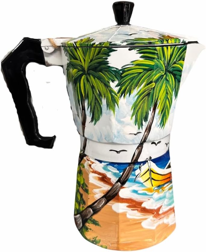 Handcrafted Dominican Aluminum Coffee Pot – 6-Cup Greca with Beach, Countryside, Cayenas, and Iconic Dominican Designs (Beach)