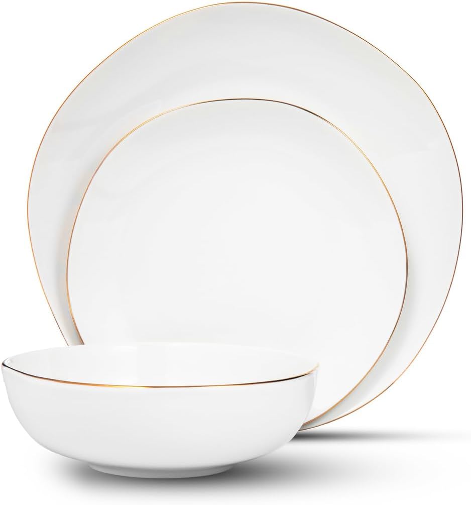 Godinger Dinnerware Set, Salad Plates, Appetizer Plates, Dinner Plates, Soup Bowls, Cereal Bowls, White with Gold Band 12 Piece Set