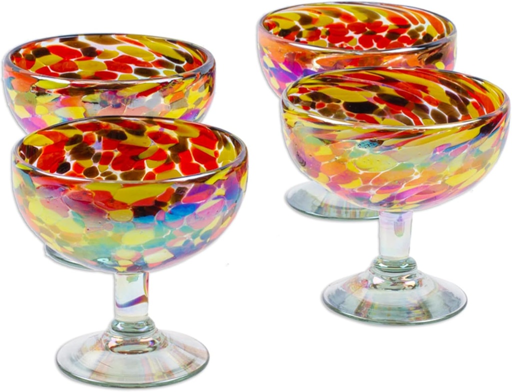 NOVICA Artisan Handblown Cocktail Multicolor from Mexico Tableware Drinkware Recycled 'Intense Celebration'(Set of 4)