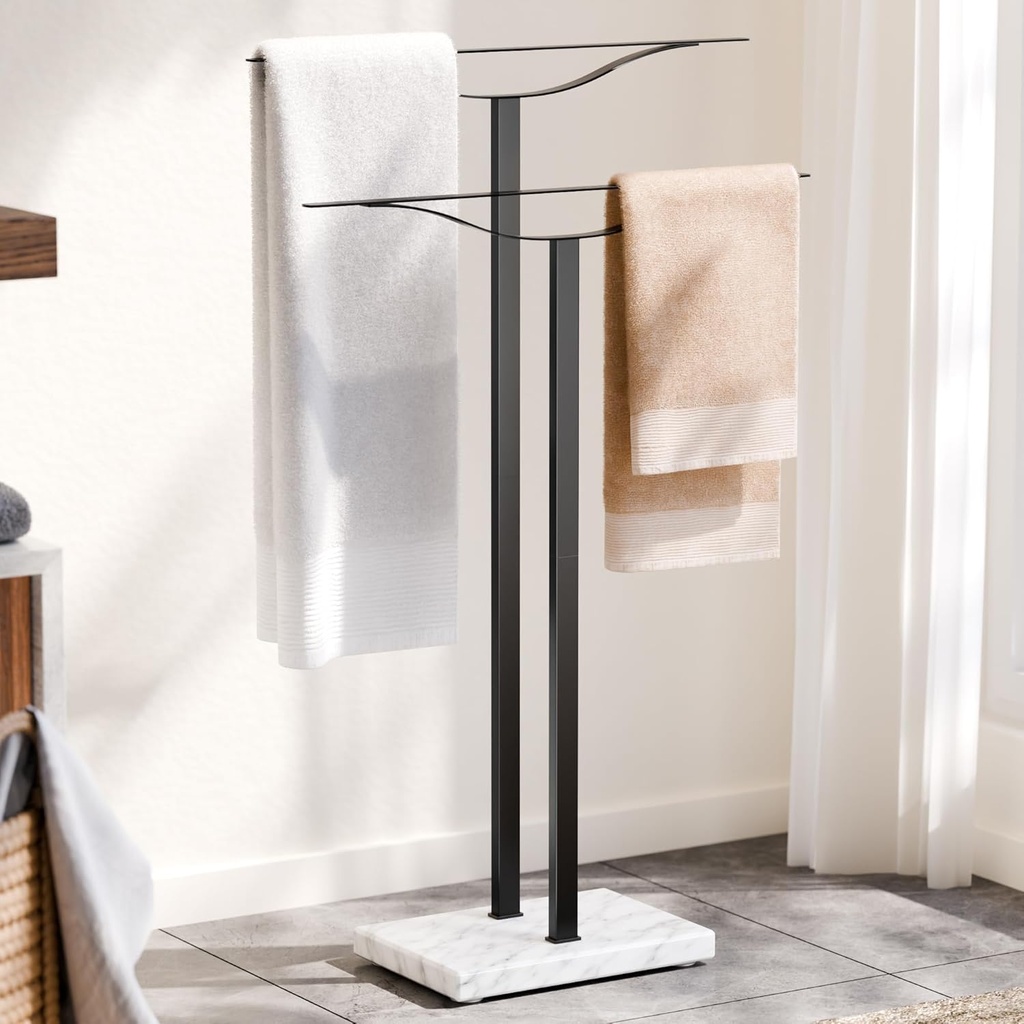 Bathroom Towel Rack Freestanding Floor Stand: Black 33in 2‑Bar Weighted Marble Base Towel Holder, Rustproof 304 Stainless Steel Drying Rack for Bath&Hand Towels, No‑Drill Slim Organizer, Spa Pool