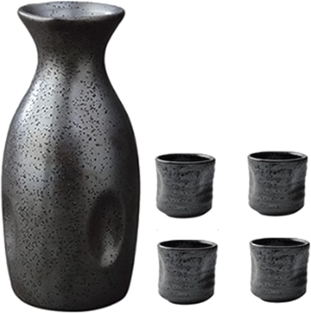Sake Drinkware Japanese Ceramic Sake Cup Set 4 Sake Cup with a Bottle Black 5 Pieces Pottery Sake Cup Set Sake Gift Set