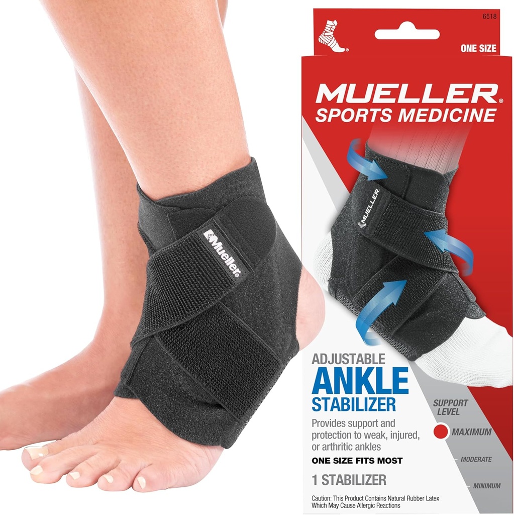 MUELLER Sports Medicine Adjustable Ankle Brace for Men and Women, Ankle Stabilizer for Compression and Pain Relief Support, Ideal for Sprains, Strains, Arthritis, Black, One Size